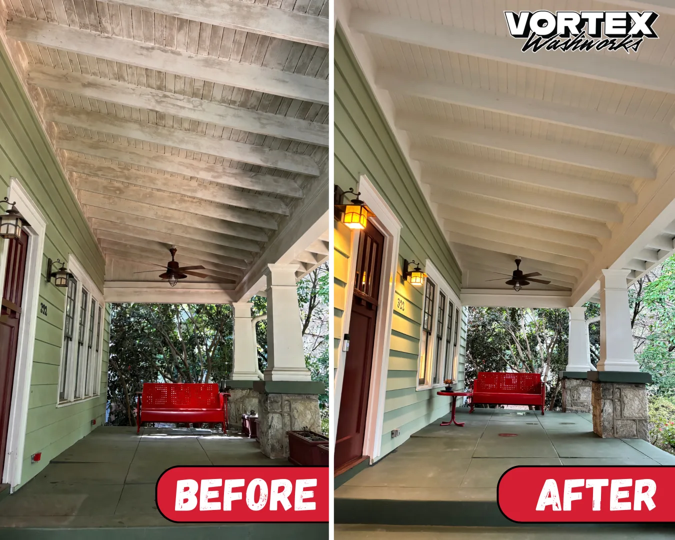 Covered porch ceiling and floor cleaning before and after in Decatur, GA
